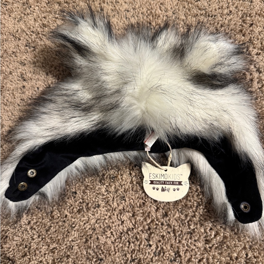 Faux Fur Hat - Black and White Wolf in toddler size